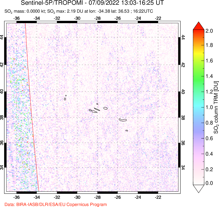 A sulfur dioxide image over Azore Islands, Portugal on Jul 09, 2022.