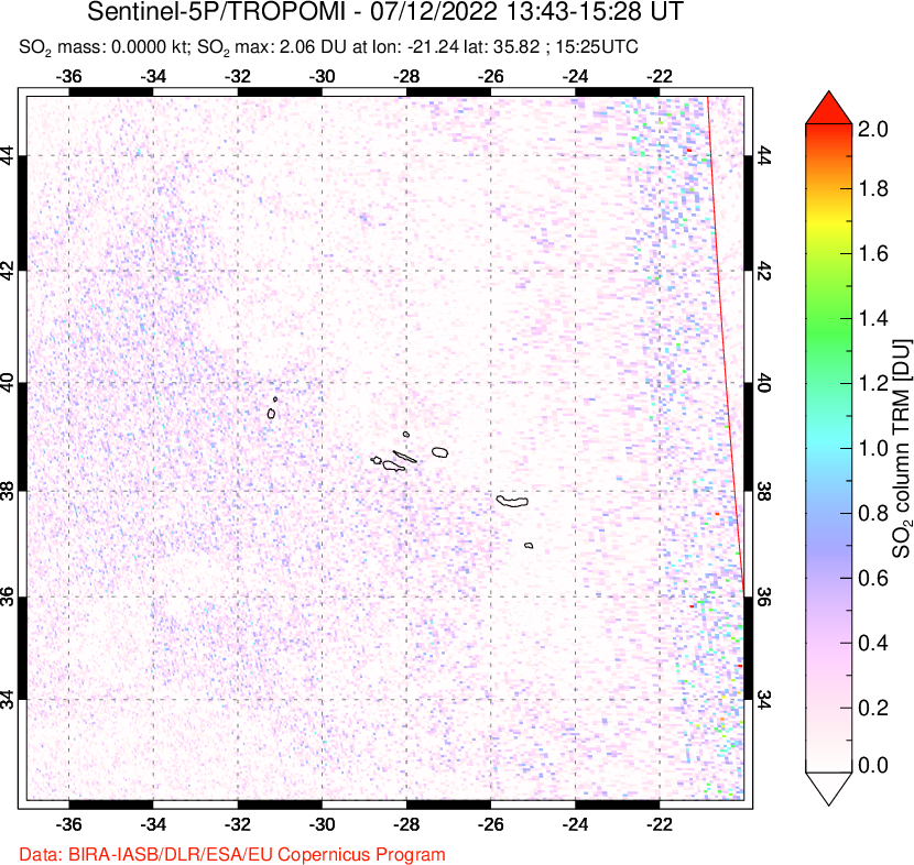 A sulfur dioxide image over Azore Islands, Portugal on Jul 12, 2022.