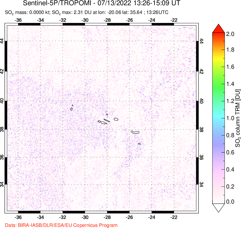 A sulfur dioxide image over Azore Islands, Portugal on Jul 13, 2022.