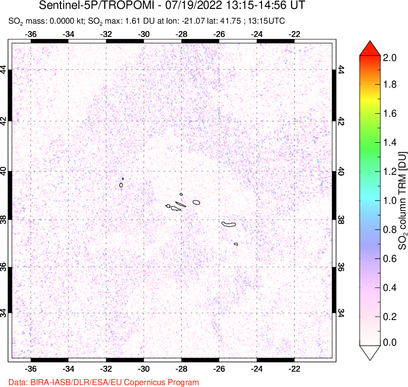 A sulfur dioxide image over Azore Islands, Portugal on Jul 19, 2022.