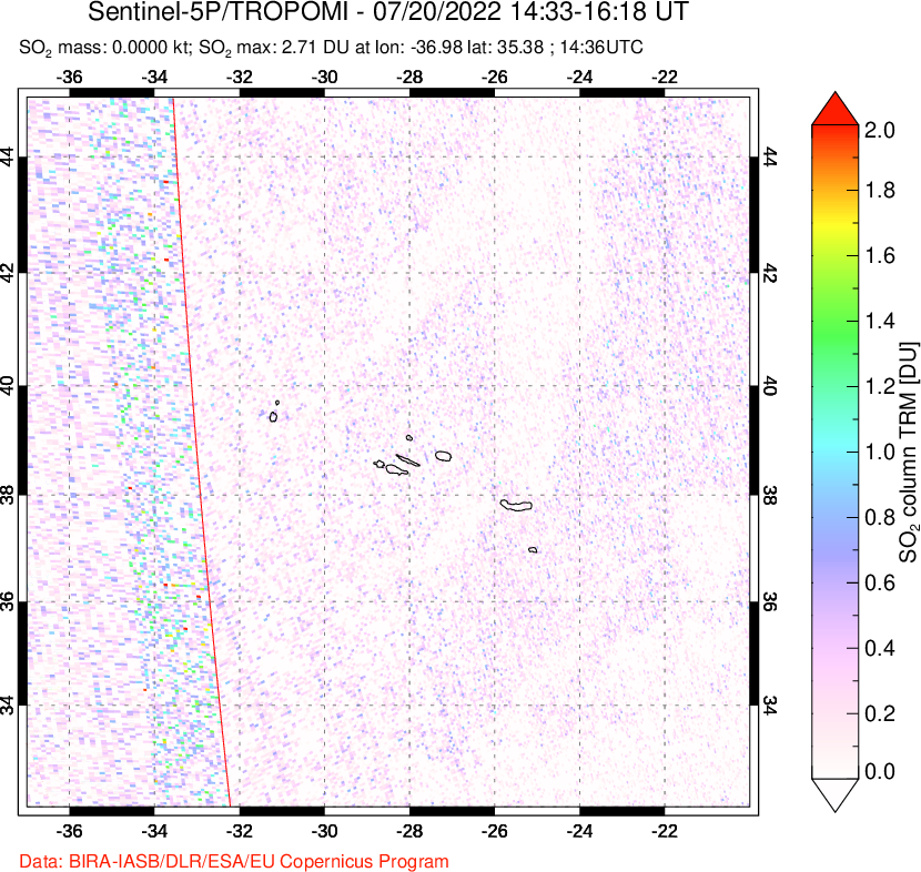 A sulfur dioxide image over Azore Islands, Portugal on Jul 20, 2022.