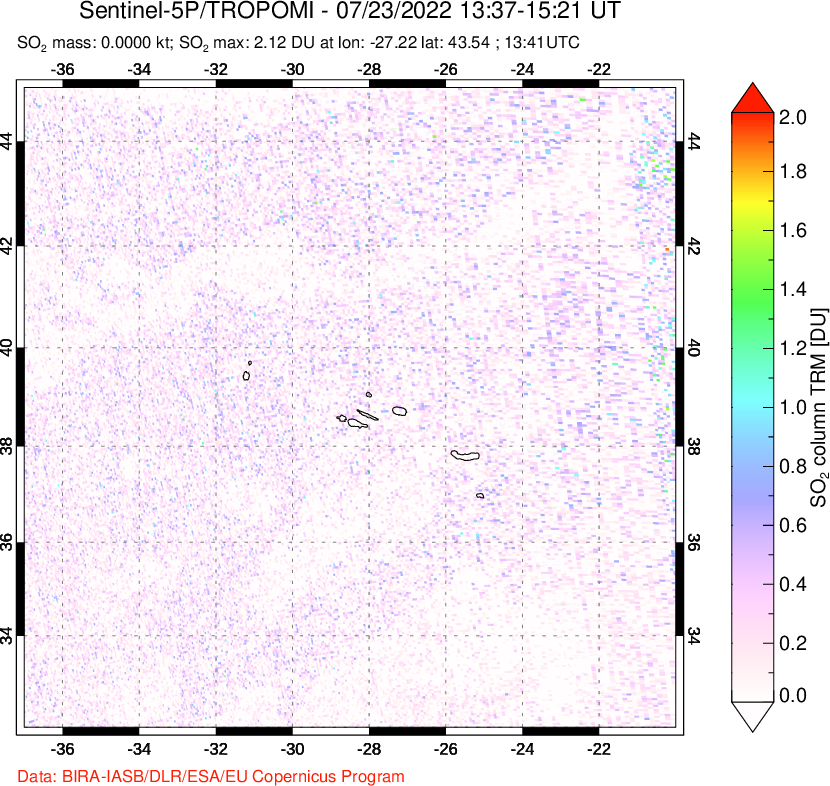 A sulfur dioxide image over Azore Islands, Portugal on Jul 23, 2022.