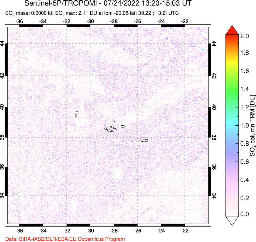 A sulfur dioxide image over Azore Islands, Portugal on Jul 24, 2022.