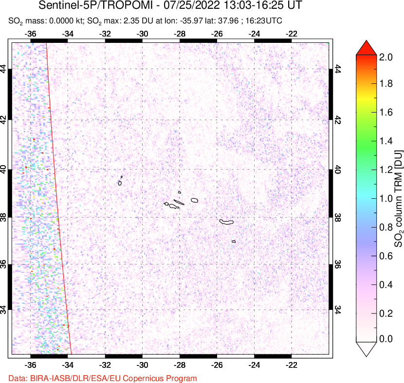A sulfur dioxide image over Azore Islands, Portugal on Jul 25, 2022.