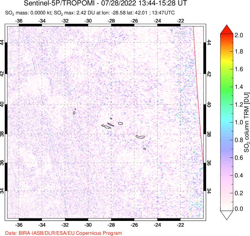 A sulfur dioxide image over Azore Islands, Portugal on Jul 28, 2022.