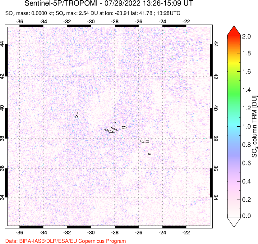 A sulfur dioxide image over Azore Islands, Portugal on Jul 29, 2022.