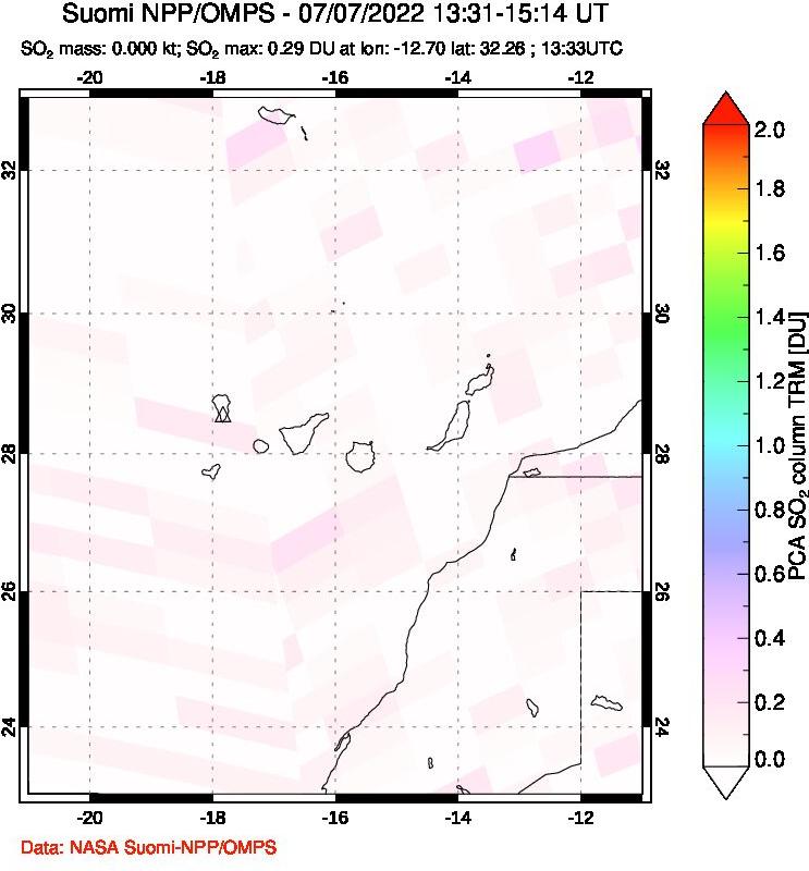 A sulfur dioxide image over Canary Islands on Jul 07, 2022.