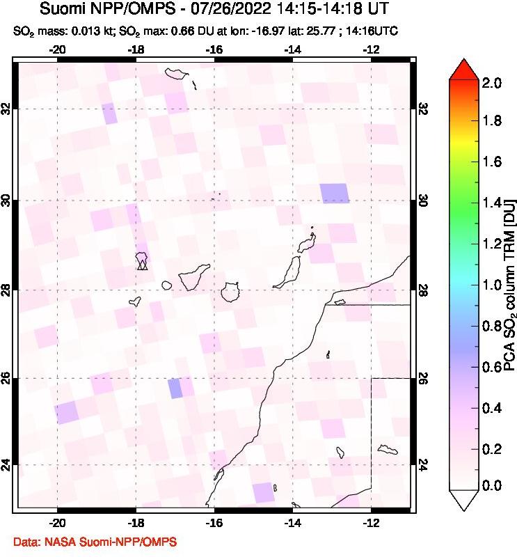 A sulfur dioxide image over Canary Islands on Jul 26, 2022.