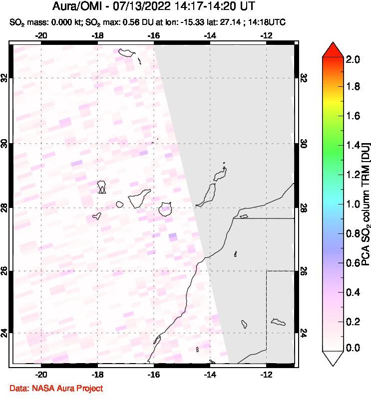 A sulfur dioxide image over Canary Islands on Jul 13, 2022.