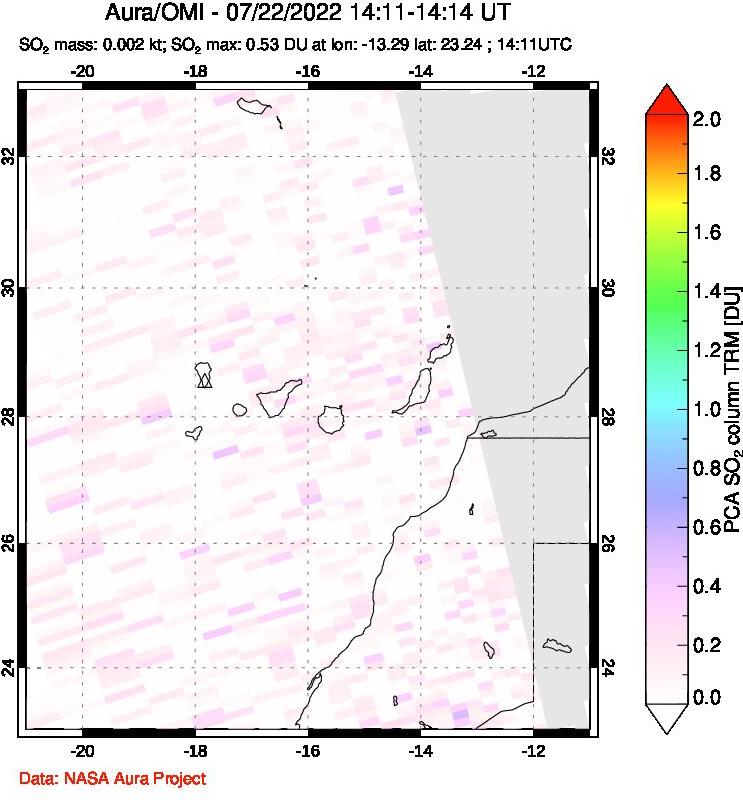 A sulfur dioxide image over Canary Islands on Jul 22, 2022.