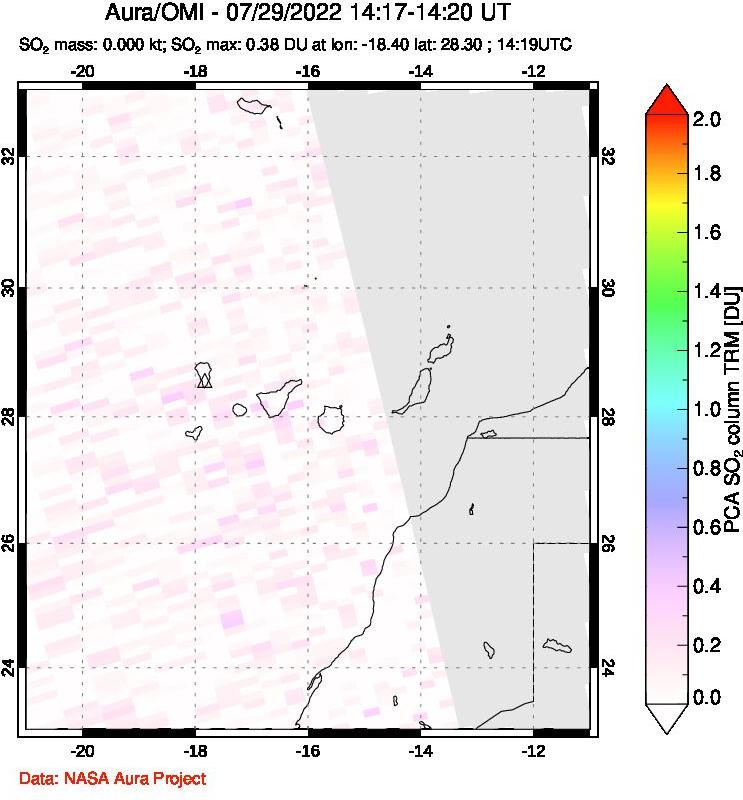 A sulfur dioxide image over Canary Islands on Jul 29, 2022.