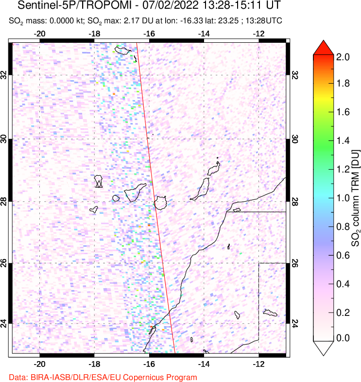 A sulfur dioxide image over Canary Islands on Jul 02, 2022.
