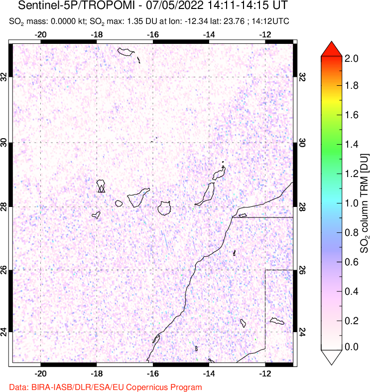 A sulfur dioxide image over Canary Islands on Jul 05, 2022.