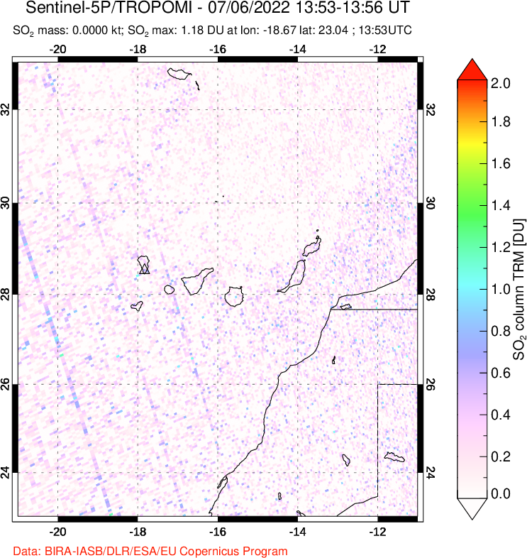 A sulfur dioxide image over Canary Islands on Jul 06, 2022.