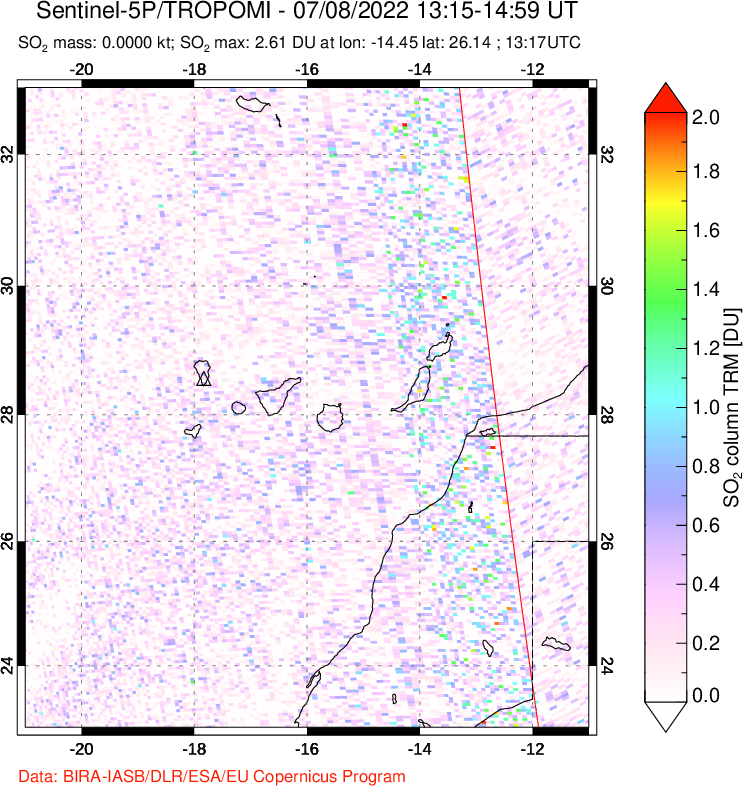 A sulfur dioxide image over Canary Islands on Jul 08, 2022.