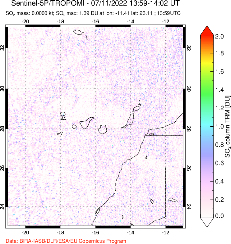 A sulfur dioxide image over Canary Islands on Jul 11, 2022.