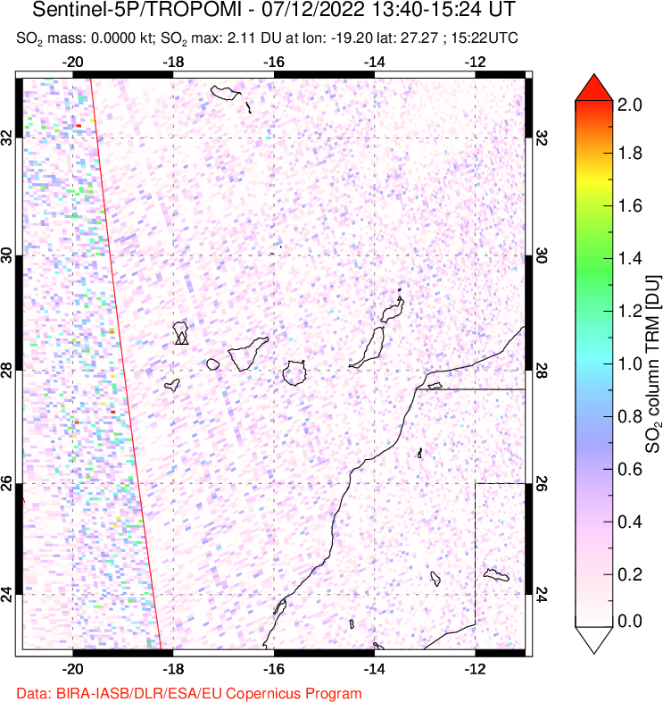 A sulfur dioxide image over Canary Islands on Jul 12, 2022.