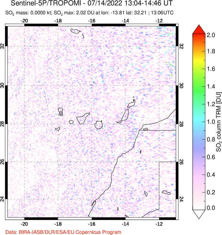 A sulfur dioxide image over Canary Islands on Jul 14, 2022.