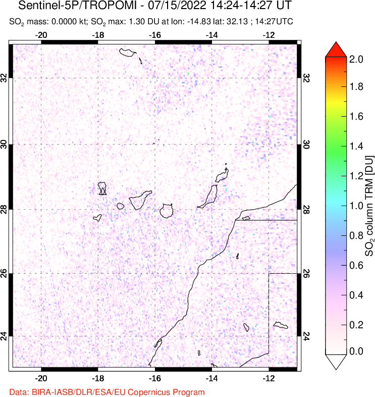 A sulfur dioxide image over Canary Islands on Jul 15, 2022.