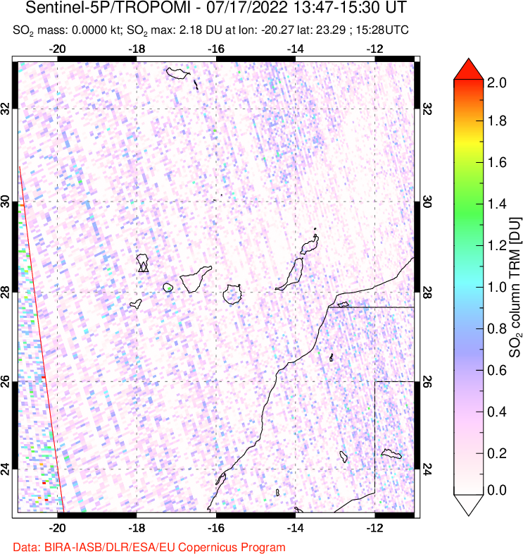 A sulfur dioxide image over Canary Islands on Jul 17, 2022.
