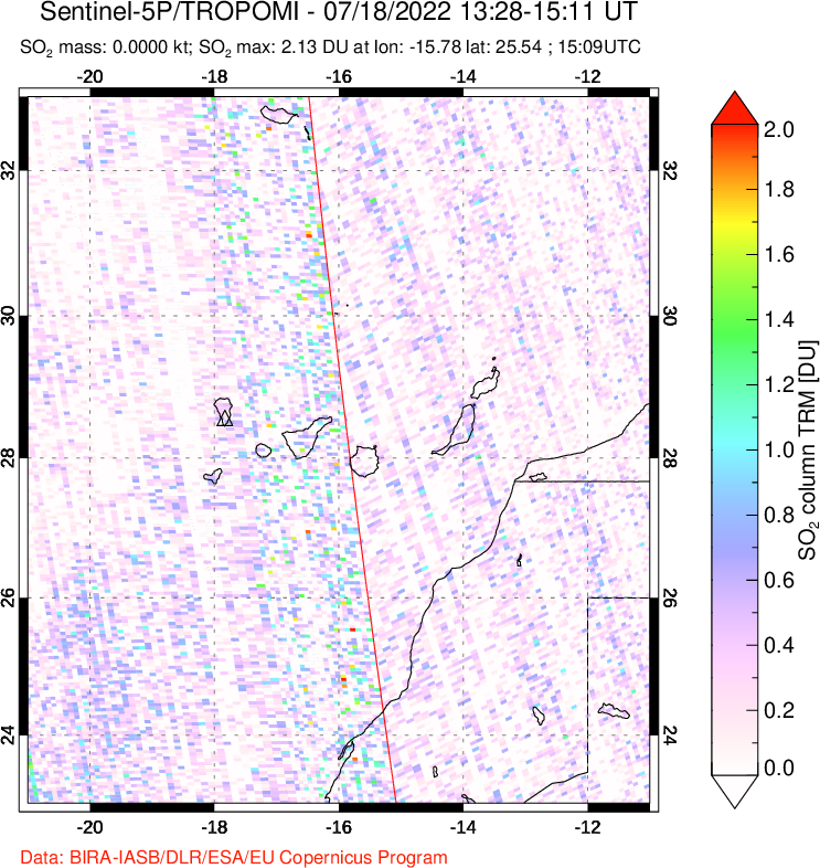 A sulfur dioxide image over Canary Islands on Jul 18, 2022.