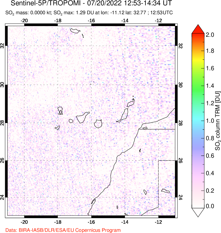 A sulfur dioxide image over Canary Islands on Jul 20, 2022.