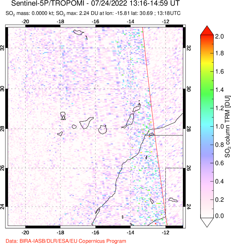 A sulfur dioxide image over Canary Islands on Jul 24, 2022.