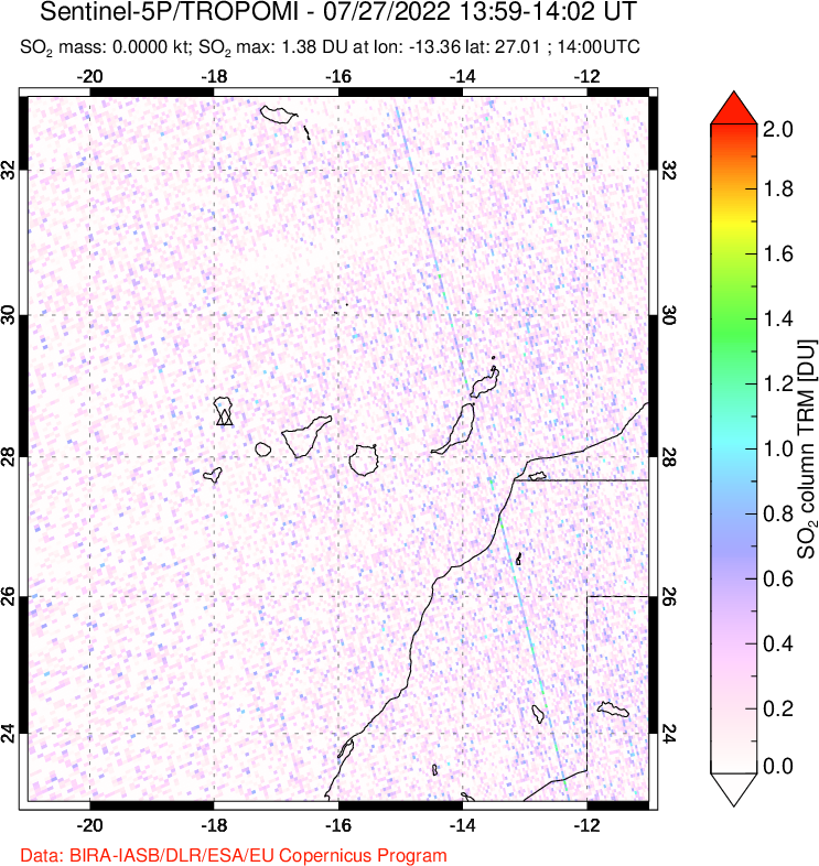 A sulfur dioxide image over Canary Islands on Jul 27, 2022.