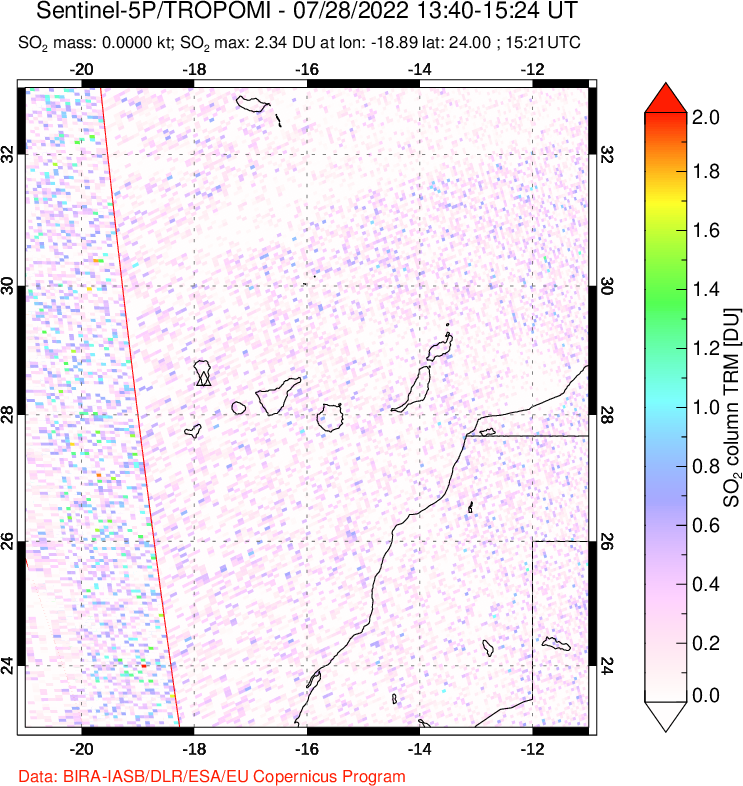 A sulfur dioxide image over Canary Islands on Jul 28, 2022.