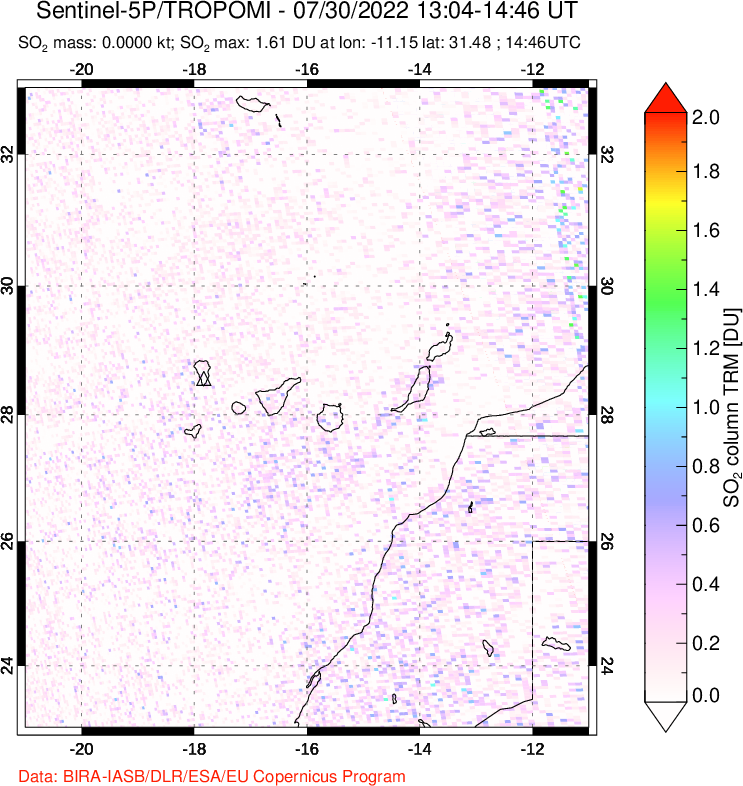 A sulfur dioxide image over Canary Islands on Jul 30, 2022.