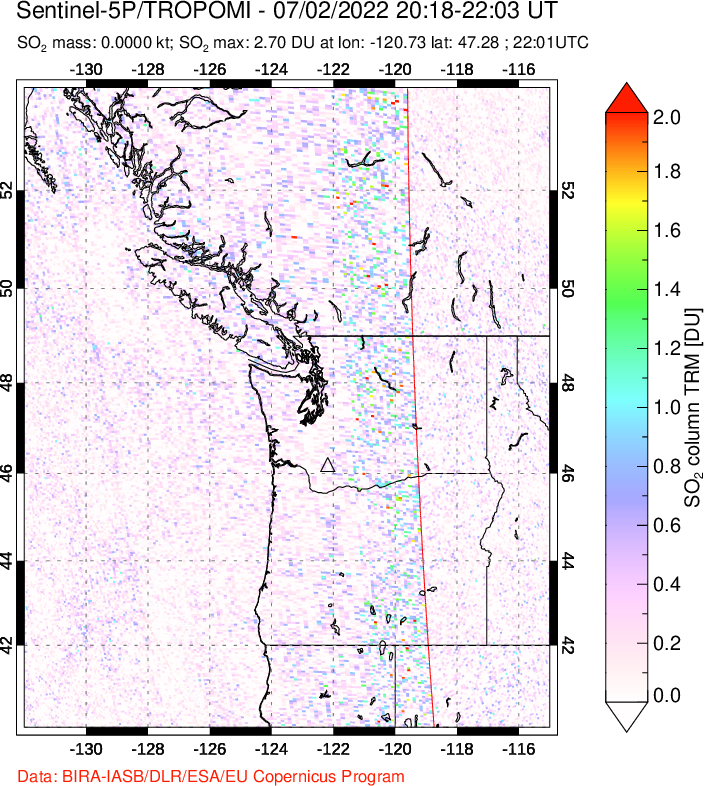 A sulfur dioxide image over Cascade Range, USA on Jul 02, 2022.
