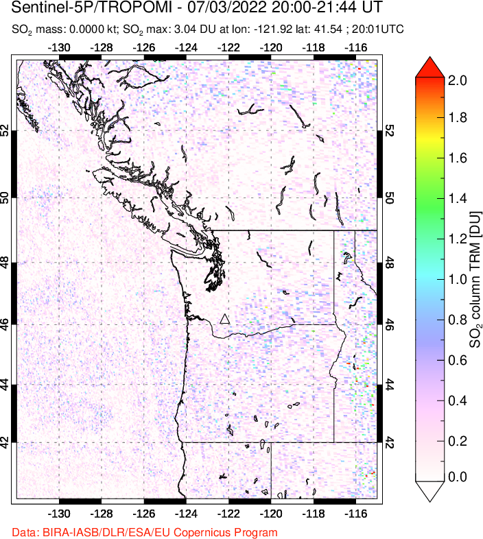A sulfur dioxide image over Cascade Range, USA on Jul 03, 2022.