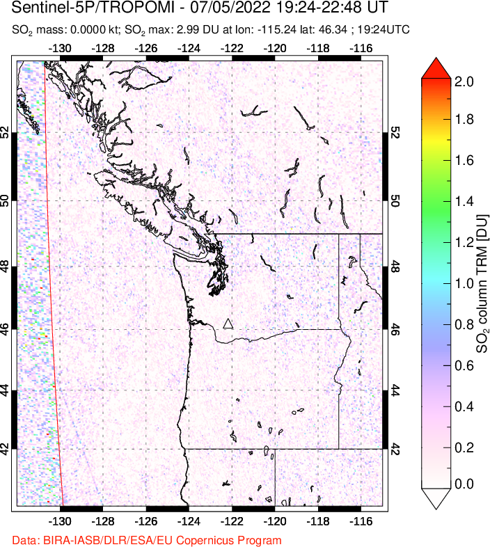 A sulfur dioxide image over Cascade Range, USA on Jul 05, 2022.