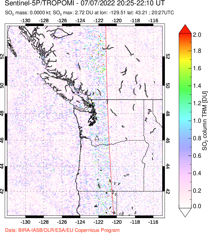 A sulfur dioxide image over Cascade Range, USA on Jul 07, 2022.