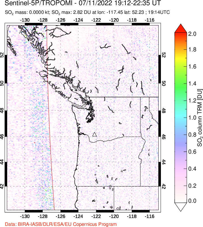 A sulfur dioxide image over Cascade Range, USA on Jul 11, 2022.