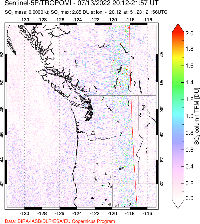 A sulfur dioxide image over Cascade Range, USA on Jul 13, 2022.