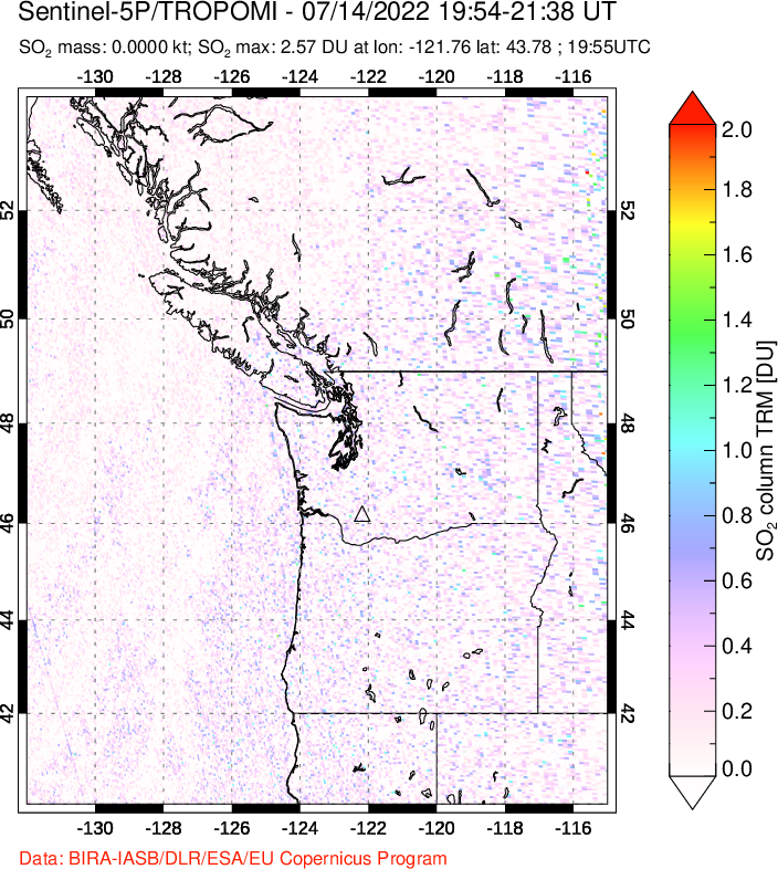 A sulfur dioxide image over Cascade Range, USA on Jul 14, 2022.
