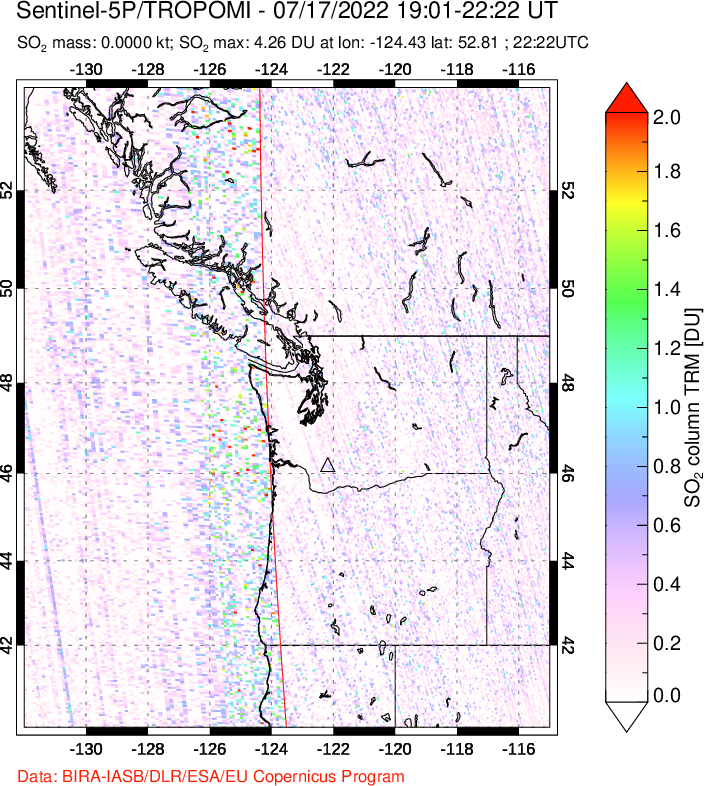 A sulfur dioxide image over Cascade Range, USA on Jul 17, 2022.
