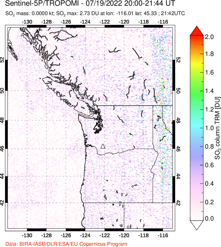 A sulfur dioxide image over Cascade Range, USA on Jul 19, 2022.