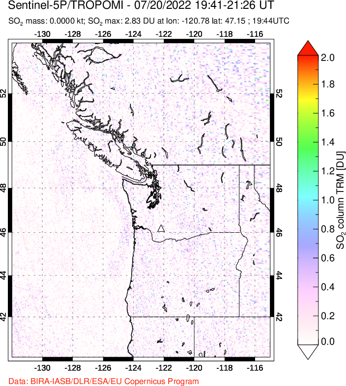 A sulfur dioxide image over Cascade Range, USA on Jul 20, 2022.