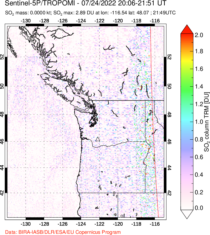 A sulfur dioxide image over Cascade Range, USA on Jul 24, 2022.