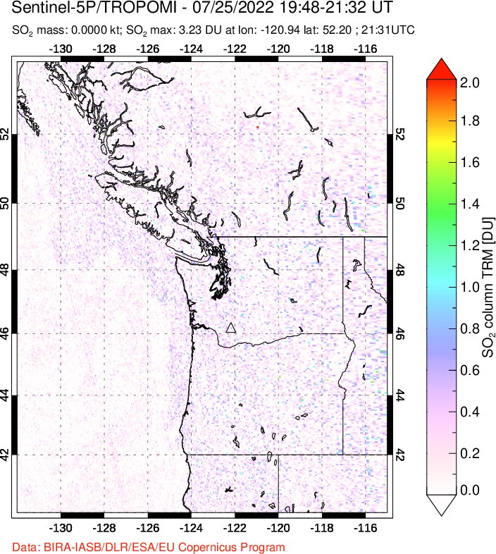 A sulfur dioxide image over Cascade Range, USA on Jul 25, 2022.