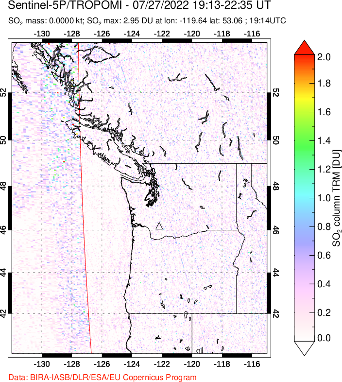 A sulfur dioxide image over Cascade Range, USA on Jul 27, 2022.