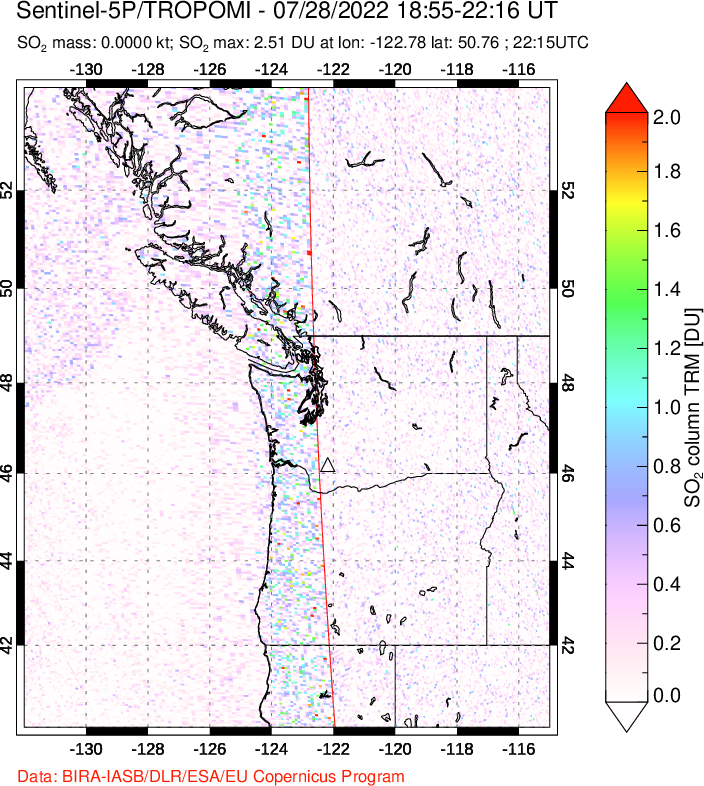 A sulfur dioxide image over Cascade Range, USA on Jul 28, 2022.