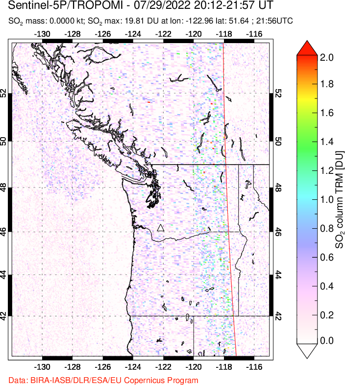 A sulfur dioxide image over Cascade Range, USA on Jul 29, 2022.