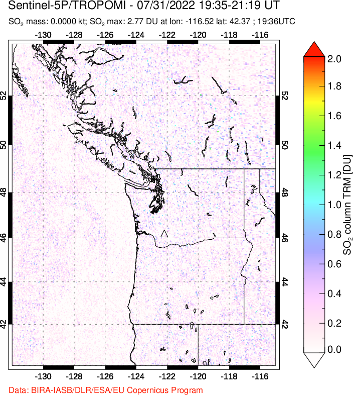 A sulfur dioxide image over Cascade Range, USA on Jul 31, 2022.