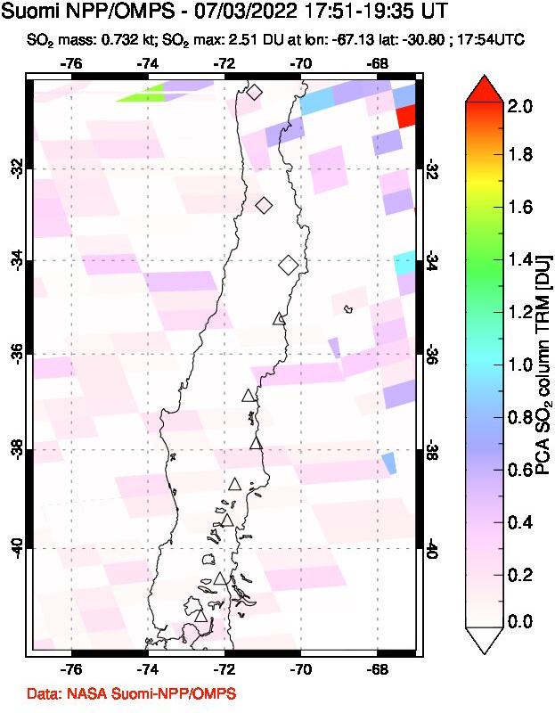 A sulfur dioxide image over Central Chile on Jul 03, 2022.