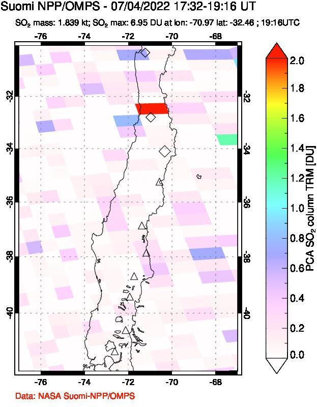 A sulfur dioxide image over Central Chile on Jul 04, 2022.