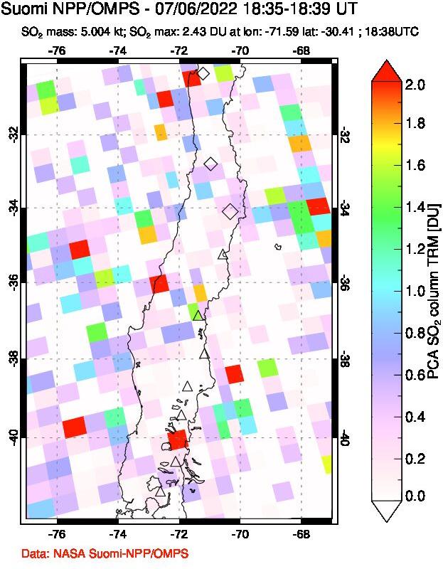 A sulfur dioxide image over Central Chile on Jul 06, 2022.