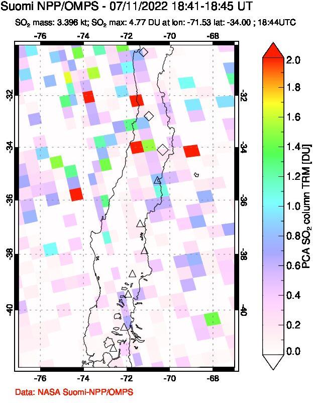 A sulfur dioxide image over Central Chile on Jul 11, 2022.